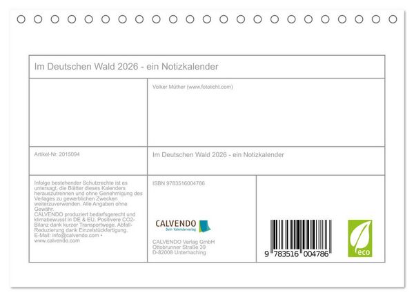 Produktbild: Im Deutschen Wald 2026 - ein Notizkalender (Tischkalender 2026 DIN A5 quer), CALVENDO Monatskalender