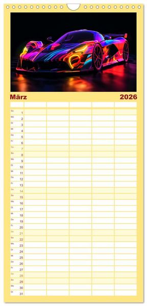 Produktbild: Familienplaner 2026 - Futuristische Neon Cars mit 5 Spalten (Wandkalender, 21 x 45 cm) CALVENDO