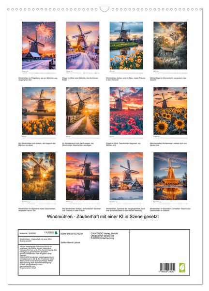 Produktbild: Windm&uuml;hlen - Zauberhaft mit einer KI in Szene gesetzt (Wandkalender 2026 DIN A2 hoch), CALVENDO Monatskalender