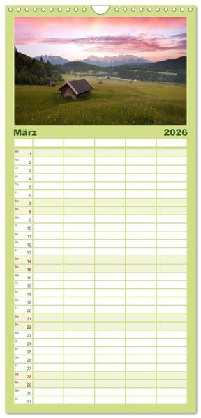 Produktbild: Familienplaner 2026 - Verzauberte Bergwelten mit 5 Spalten (Wandkalender, 21 x 45 cm) CALVENDO
