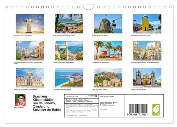 Produktbild: Brasiliens K&uuml;stenst&auml;dte - Rio de Janeiro, Olinda und Salvador de Bahia (Wandkalender 2026 DIN A4 quer), CALVENDO Monatskalender