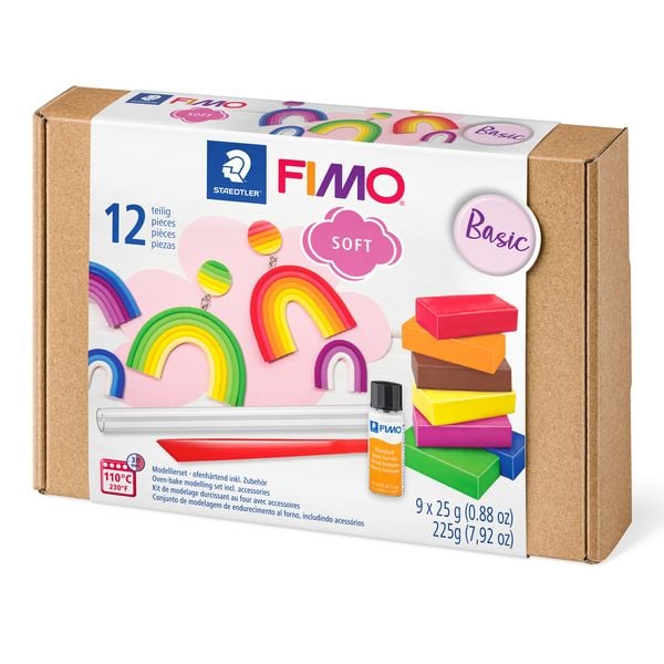 STAEDTLER FIMO soft 8023, ofenhärtende Modelliermasse Basic Set, 9 Halbblöcken 25 g, Glanzlack + Modellierwerkzeug