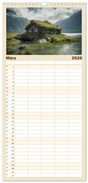 Produktbild: Familienplaner 2026 - H&uuml;ttenzauber - Ein visueller Streifzug durch Norwegens Wildnis mit 5 Spalten (Wandkalender, 21 x 45 cm) CALVENDO