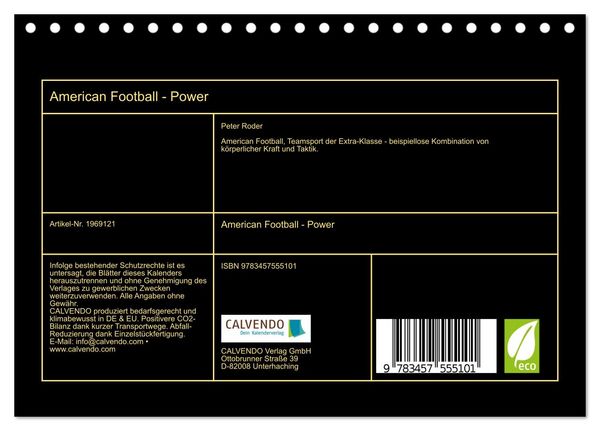 Produktbild: American Football - Power (Tischkalender 2026 DIN A5 quer), CALVENDO Monatskalender