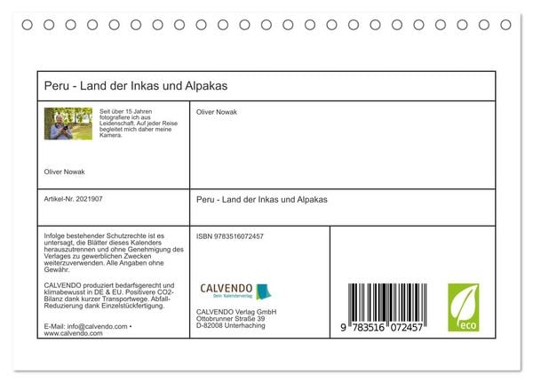 Produktbild: Peru - Land der Inkas und Alpakas (Tischkalender 2026 DIN A5 quer), CALVENDO Monatskalender