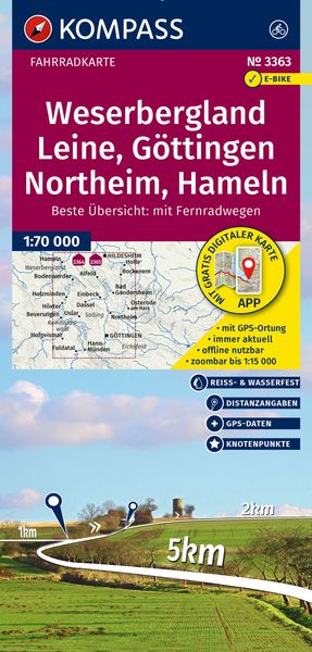 KOMPASS Fahrradkarte 3363 Weserbergland, Leine, Göttingen, Northeim, Hameln mit Knotenpunkten 1:70.000, Sonstige von , Kompass-Karten,