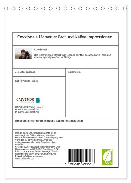 Produktbild: Emotionale Momente: Brot und Kaffee Impressionen (Tischkalender 2026 DIN A5 hoch), CALVENDO Monatskalender