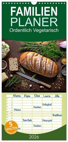 Produktbild: Familienplaner 2026 - Ordentlich Vegetarisch mit 5 Spalten (Wandkalender, 21 x 45 cm) CALVENDO