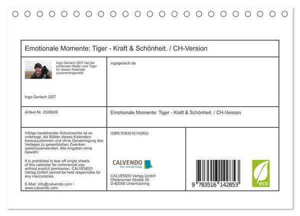 Produktbild: Emotionale Momente: Tiger - Kraft & Sch&ouml;nheit. / CH-Version (Tischkalender 2026 DIN A5 quer), CALVENDO Monatskalender