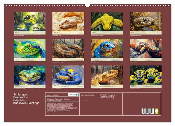 Produktbild: Schlangen. Faszination Reptilien. Kunstvolle Paintings (Wandkalender 2026 DIN A2 quer), CALVENDO Monatskalender