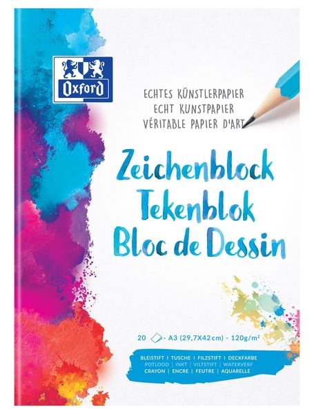 Oxford Zeichenblock A3 blanko, 20 Blatt, 120 g/m² echtes Künstlerpapier