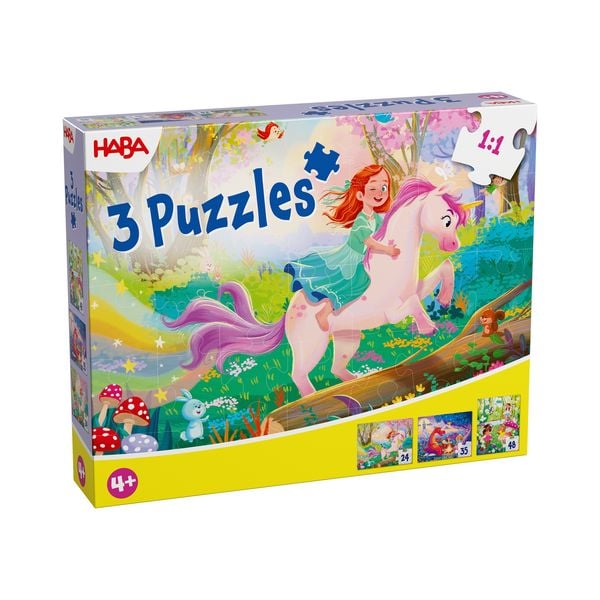 Produktbild: HABA 2013401001 - Puzzles Zaubertr&auml;ume, mit Glitzer-Effekt, Motiv: Einhorn/Fee/Prinzessin, 24/35/48 Teile