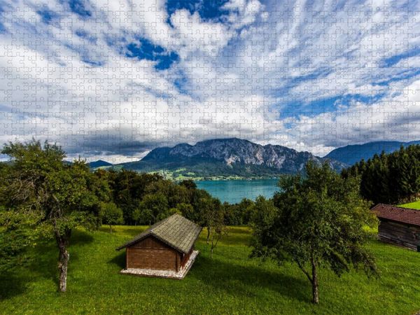 Produktbild: CALVENDO Puzzle Blick &uuml;ber Attersee aufs H&ouml;llengebirge | 1000 Teile Lege-Gr&ouml;&szlig;e 64x48cm Foto-Puzzle f&uuml;r gl&uuml;ckliche Stunden