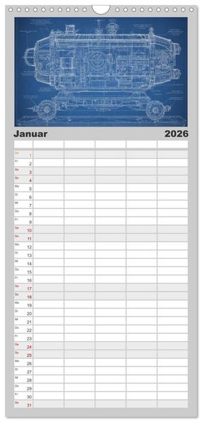 Produktbild: Familienplaner 2026 - Steampunk - Blaupausen mit 5 Spalten (Wandkalender, 21 x 45 cm) CALVENDO