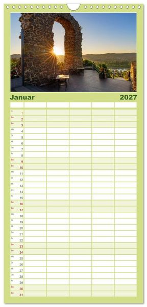 Produktbild: Familienplaner 2027 - Unterwegs - Rhein-Burgen-Weg mit 5 Spalten (Wandkalender, 21 x 45 cm) CALVENDO