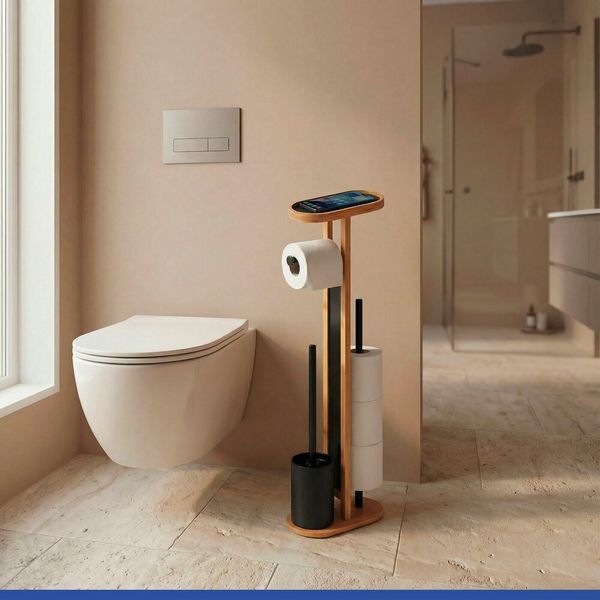 Produktbild: Stand WC-Garnitur Mod. Orea Bambus, mit Ablagefl&auml;che und Ersatzrollenhalter