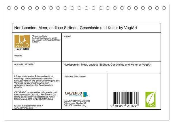 Produktbild: Nordspanien, Meer, endlose Str&auml;nde, Geschichte und Kultur by VogtArt (Tischkalender 2026 DIN A5 quer), CALVENDO Monatskalender