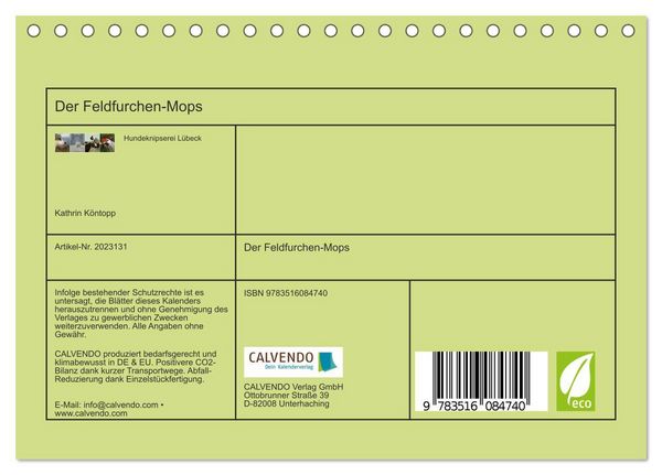 Produktbild: Der Feldfurchen-Mops (Tischkalender 2026 DIN A5 quer), CALVENDO Monatskalender