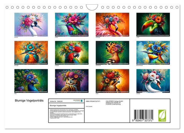 Produktbild: Blumige Vogelportr&auml;ts (Wandkalender 2026 DIN A4 quer), CALVENDO Monatskalender