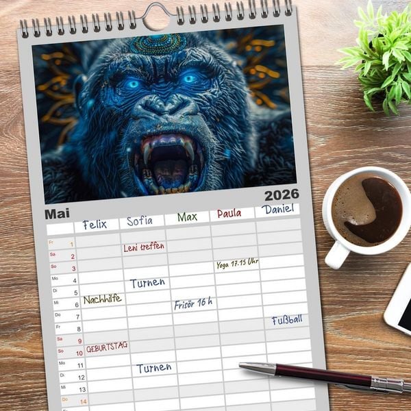 Produktbild: Familienplaner 2026 - Tierische Schamanen mit 5 Spalten (Wandkalender, 21 x 45 cm) CALVENDO