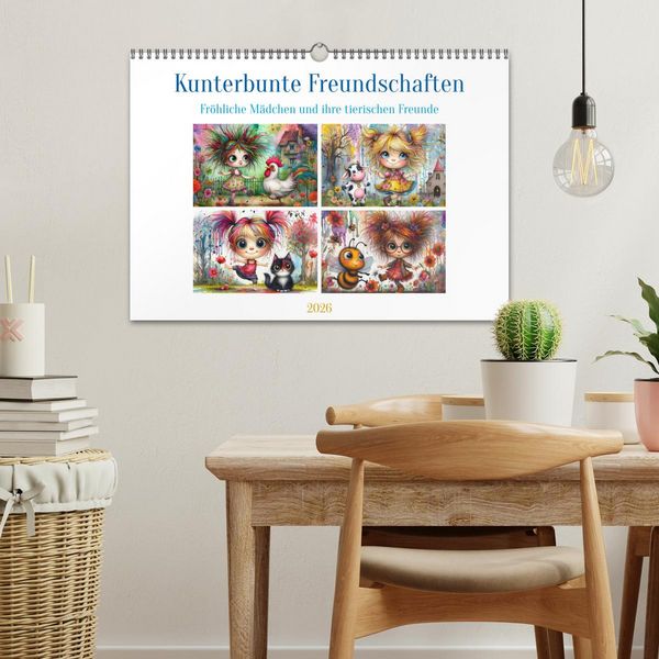 Produktbild: Kunterbunte Freundschaften - Fr&ouml;hliche M&auml;dchen und ihre tierischen Freunde (Wandkalender 2026 DIN A3 quer), CALVENDO Monatskalender