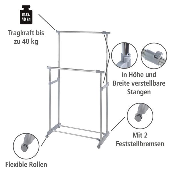 Produktbild: Kleiderst&auml;nder Mod. Twin Bars, h&ouml;henverstellbar, 4 Rollen