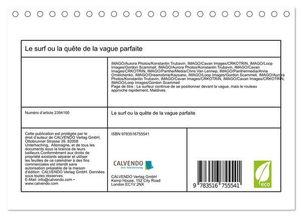 Produktbild: Le surf ou la qu&ecirc;te de la vague parfaite (Calendrier de bureau 2027 DIN A5 vertical), CALVENDO calendrier mensuel