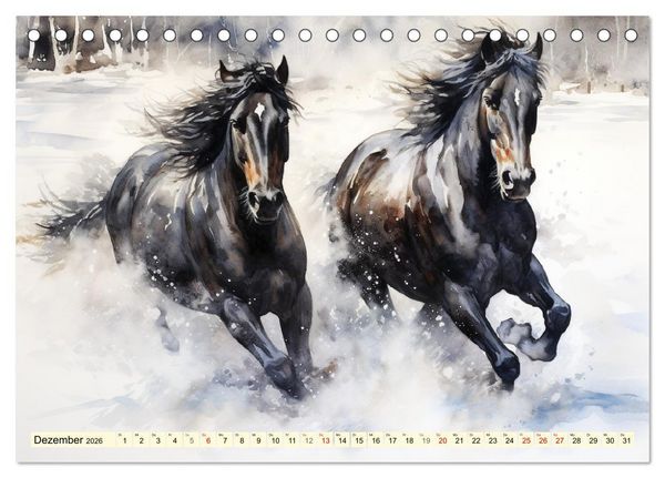 Produktbild: Pferde. Romantische Aquarelle von schwarzen Sch&ouml;nheiten (Tischkalender 2026 DIN A5 quer), CALVENDO Monatskalender