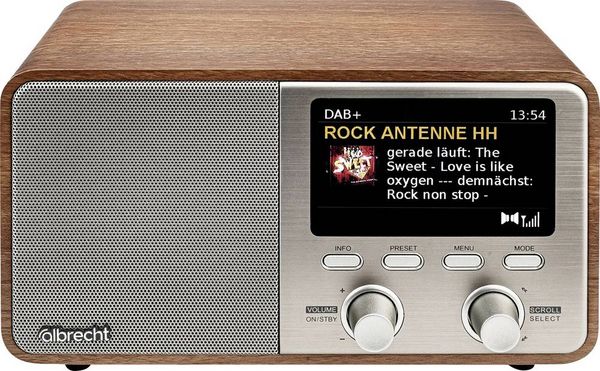 Albrecht DR 760 Tischradio DAB+, UKW DAB+, AUX, Bluetooth Echtholzgehäuse, Inkl. Lautsprecherbox Holz, Braun, Silber -