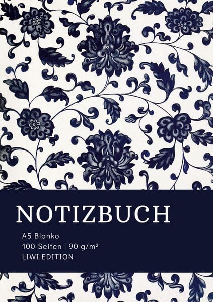 Produktbild: Notizbuch A5 Blanko - 100 Seiten 90g/m&sup2; - Soft Cover floral blau - Papier