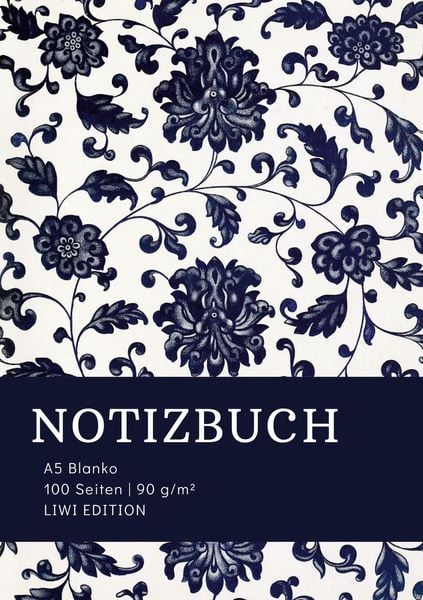 Notizbuch A5 Blanko - 100 Seiten 90g/m² - Soft Cover floral blau