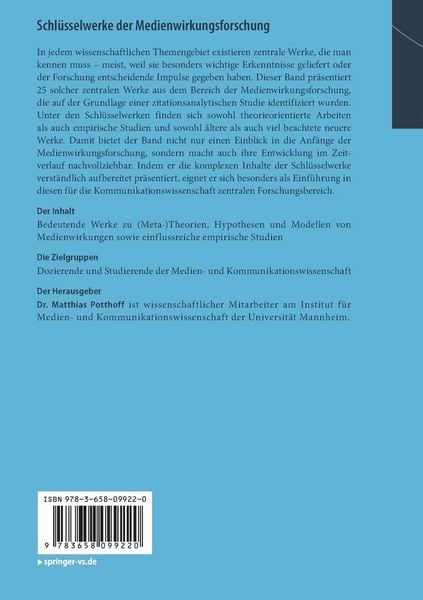 Produktbild: Schl&uuml;sselwerke der Medienwirkungsforschung
