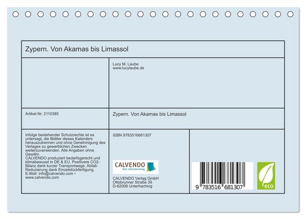 Produktbild: Zypern. Von Akamas bis Limassol (Tischkalender 2026 DIN A5 quer), CALVENDO Monatskalender