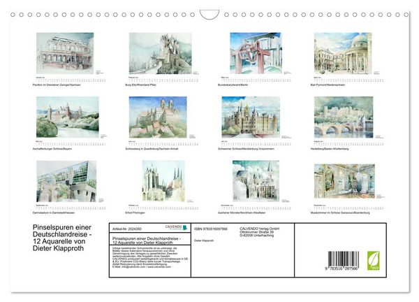 Produktbild: Pinselspuren einer Deutschlandreise - 12 Aquarelle von Dieter Klapproth (Wandkalender 2026 DIN A3 quer), CALVENDO Monatskalender