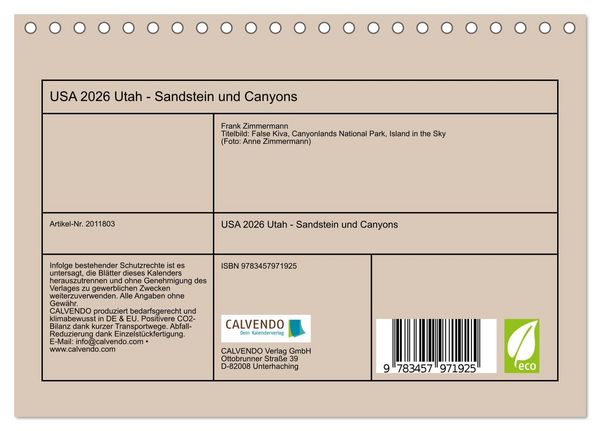 Produktbild: USA 2026 Utah - Sandstein und Canyons (Tischkalender 2026 DIN A5 quer), CALVENDO Monatskalender