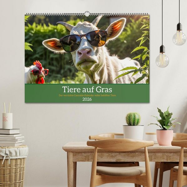 Produktbild: Tiere auf Gras - Der verr&uuml;ckte Cannabis-Kalender voller bekiffter Tiere (Wandkalender 2026 DIN A2 quer), CALVENDO Monatskalender