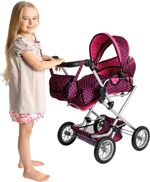 Bino 82916 - Colin Puppenwagen mit Tasche, Hängetasche und Netz, zusammenklappbar, rosa/schwarz