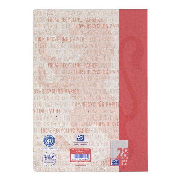 Produktbild: OXFORD Recycling Schulheft A4, 16 Blatt, Lineatur 28 (kariert mit Rand links und rechts), 90 g/m&sup2;