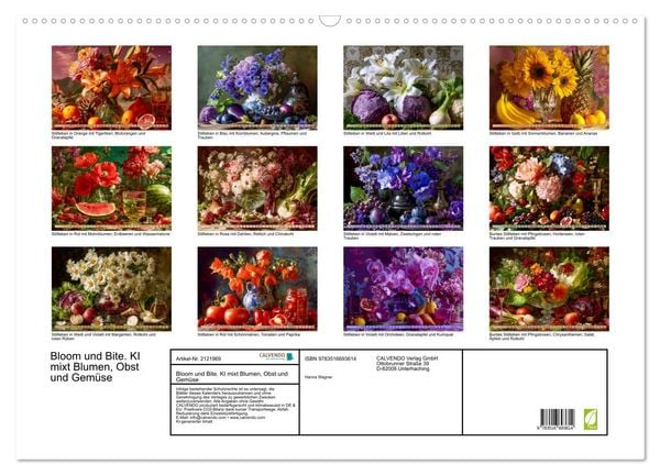 Produktbild: Bloom und Bite. KI mixt Blumen, Obst und Gem&uuml;se (Wandkalender 2026 DIN A2 quer), CALVENDO Monatskalender