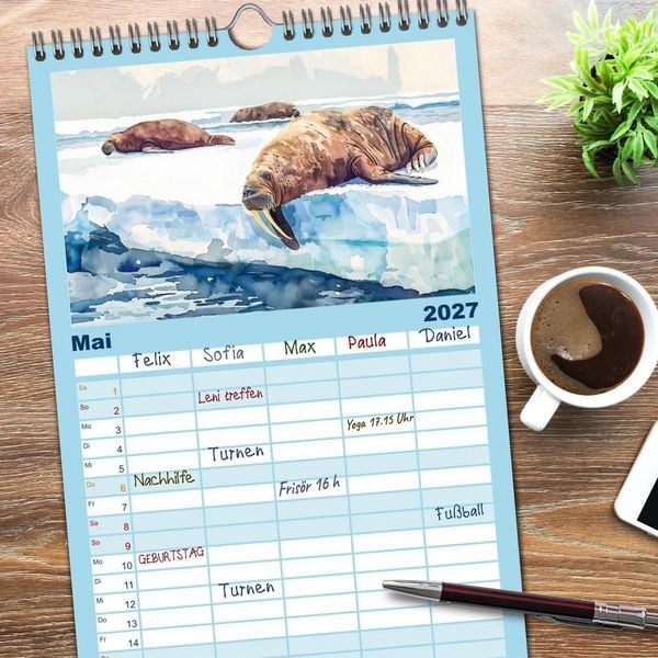 Produktbild: Familienplaner 2027 - Eisige Polarkreise - Faszination der polaren Tierwelt mit 5 Spalten (Wandkalender, 21 x 45 cm) CALVENDO