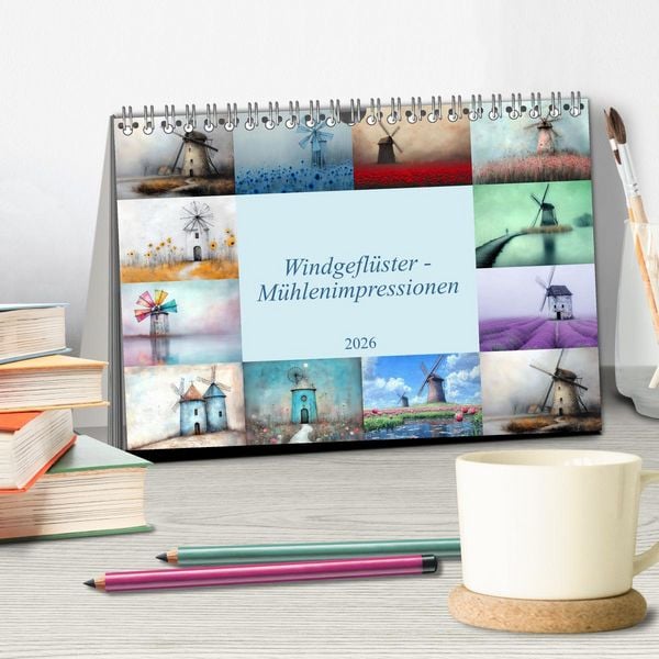 Produktbild: Windgefl&uuml;ster-M&uuml;hlenimpressionen (Tischkalender 2026 DIN A5 quer), CALVENDO Monatskalender