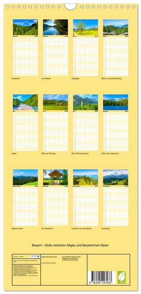 Produktbild: Familienplaner 2027 - Bayern - Idylle zwischen Allg&auml;u und Bayerischen Alpen mit 5 Spalten (Wandkalender, 21 x 45 cm) CALVENDO