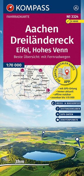 Produktbild: KOMPASS Fahrradkarte 3324 Aachen, Dreil&auml;ndereck, Eifel, Hohes Venn mit Knotenpunkten 1:70.000