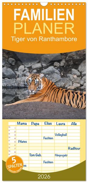 Familienplaner 2026 - Tiger von Ranthambore mit 5 Spalten (Wandkalender, 21 x 45 cm) CALVENDO