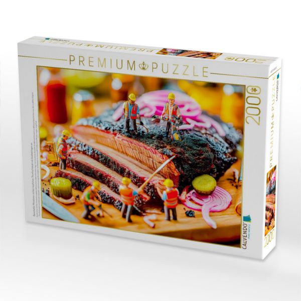 Produktbild: CALVENDO Puzzle Bauarbeiter Miniaturen richten k&ouml;stliches Thunfischsteak mit Zwiebelringen an | 2000 Teile Lege-Gr&ouml;&szlig;e 90x67cm Foto-Puzzle f&uuml;r gl&uuml;cklic