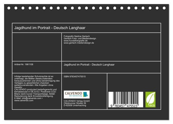Produktbild: Jagdhund im Portrait - Deutsch Langhaar (Tischkalender 2026 DIN A5 quer), CALVENDO Monatskalender