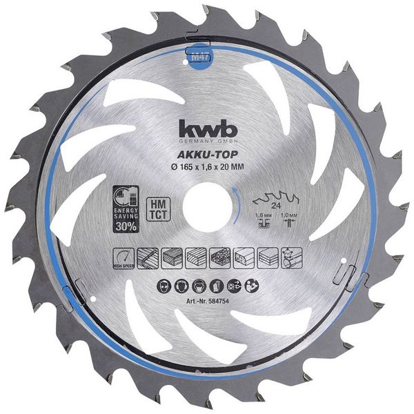 Produktbild: Kwb 584754 Hartmetall Kreiss&auml;geblatt 165 x 20 x 1mm Z&auml;hneanzahl: 24 1St.