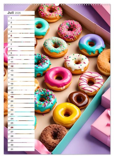Produktbild: Donuts and Birthdays, s&uuml;&szlig;er Geburtstagskalender mit bunte KI Donuts (Wandkalender 2026 DIN A2 hoch), CALVENDO Monatskalender