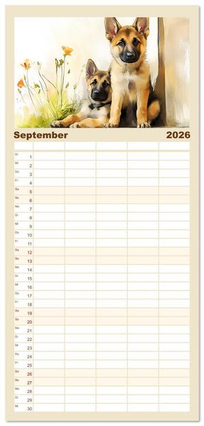 Produktbild: Familienplaner 2026 - Deutsche Sch&auml;ferhunde. Majest&auml;tische W&auml;chter im Aquarell-Stil mit 5 Spalten (Wandkalender, 21 x 45 cm) CALVENDO