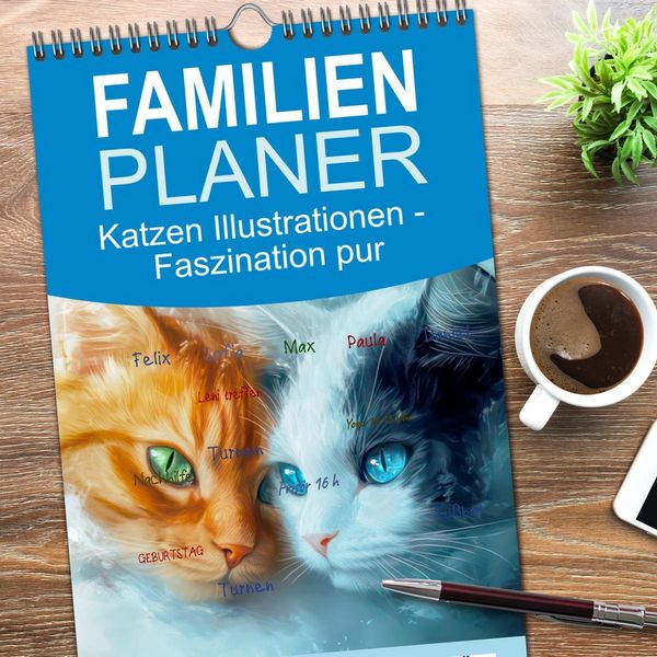 Produktbild: Familienplaner 2026 - Katzen Illustrationen - Faszination pur mit 5 Spalten (Wandkalender, 21 x 45 cm) CALVENDO